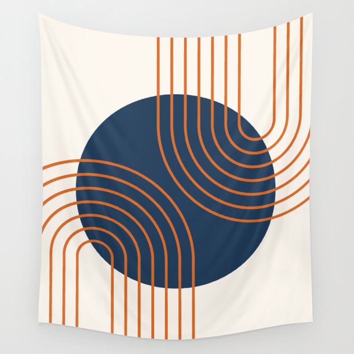 Mid Century Modern Geometric 162 Sun Rainbow abstract in Navy Blue Orange Wall Tapestry Gallery Image 4