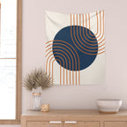 Mid Century Modern Geometric 162 Sun Rainbow abstract in Navy Blue Orange Wall Tapestry Gallery Image 2