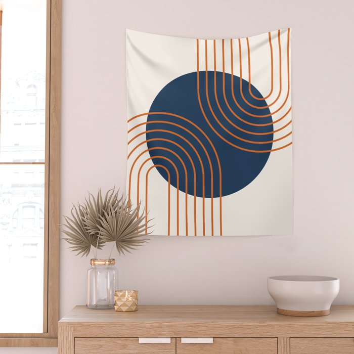 Mid Century Modern Geometric 162 Sun Rainbow abstract in Navy Blue Orange Wall Tapestry Gallery Image 2