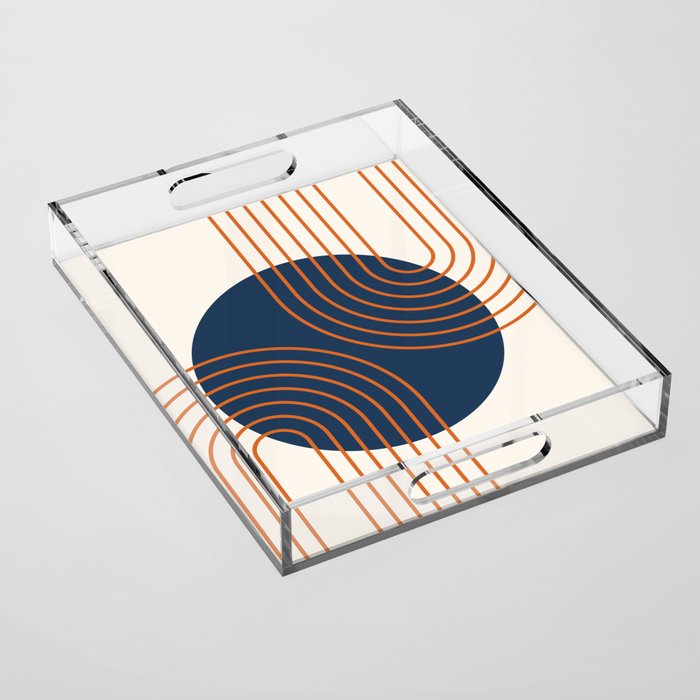 Mid Century Modern Geometric 162 Sun Rainbow abstract in Navy Blue Orange Acrylic Tray Gallery Image 1