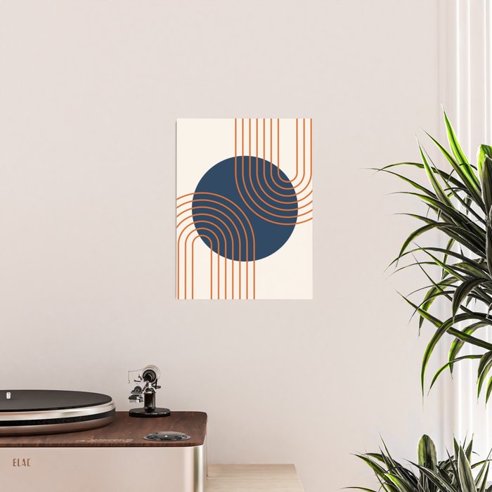 Mid Century Modern Geometric 162 Sun Rainbow abstract in Navy Blue Orange Poster Gallery Image 2