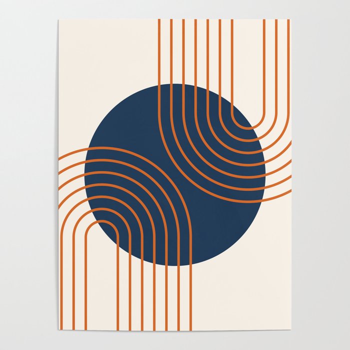 Mid Century Modern Geometric 162 Sun Rainbow abstract in Navy Blue Orange Poster Gallery Image 4