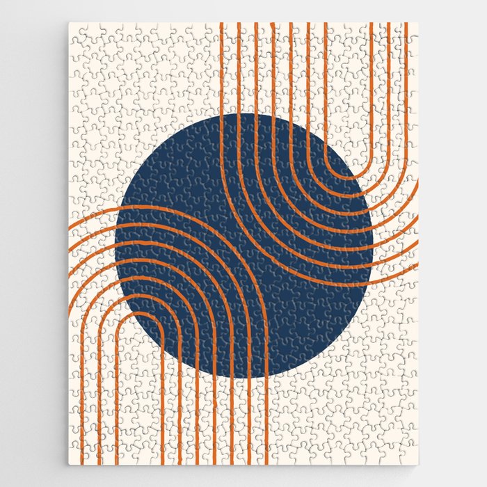 Mid Century Modern Geometric 162 Sun Rainbow abstract in Navy Blue Orange Jigsaw Puzzle Gallery Image 1