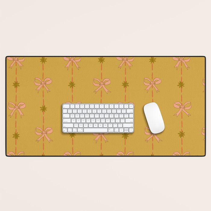 Cute Hair Bows & Stars in Yellow Ochre & Peach Desk Mat Gallery Image 1