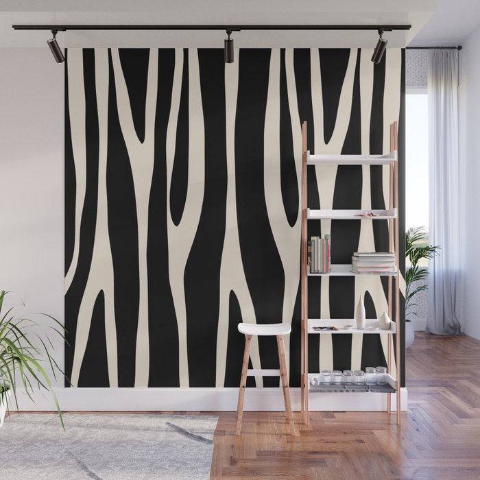 Strange Forest Minimal Modern Abstract Pattern in Black and Almond Cream Wall Mural Gallery Image 1