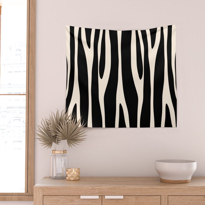 Strange Forest Minimal Modern Abstract Pattern in Black and Almond Cream Wall Tapestry Gallery Image 2