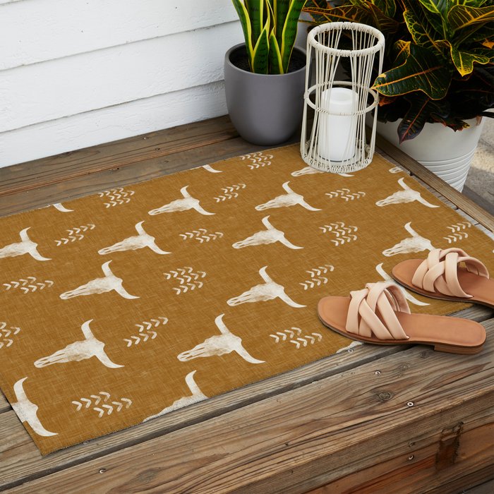desert skulls - southwest cow skull - gold Outdoor Rug Gallery Image 2