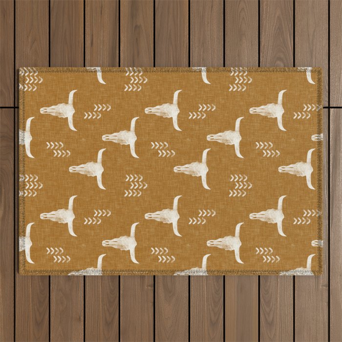 desert skulls - southwest cow skull - gold Outdoor Rug Gallery Image 1