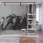 Boys will be boys funny school boys rough housing black and white vintage photograph by Fitz Guerin Wall Mural Gallery Image 1