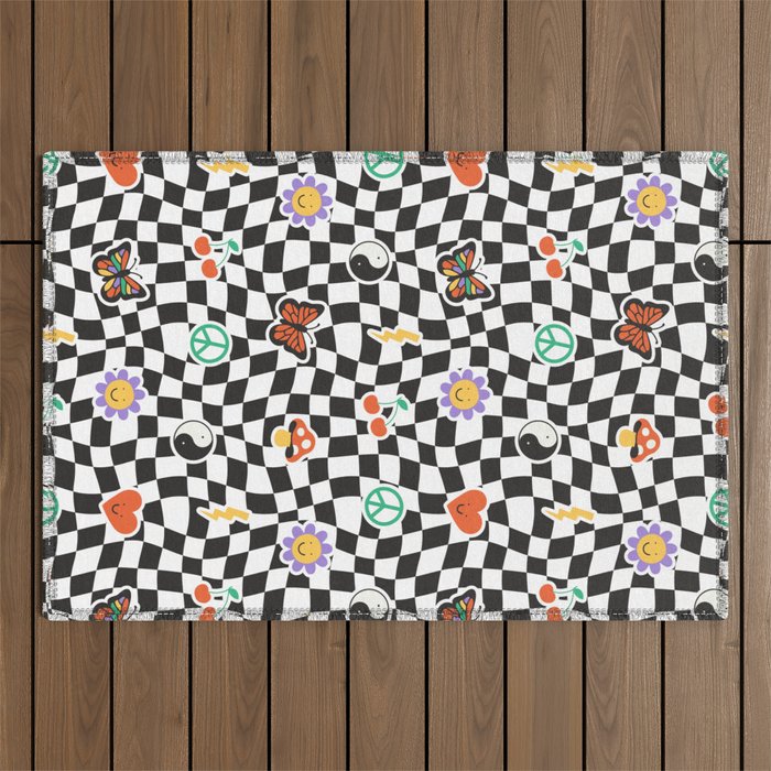 Funny retro cartoon sticker checkered pattern Outdoor Rug Gallery Image 1