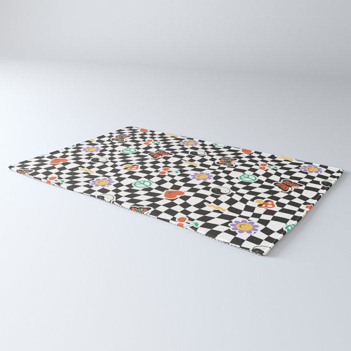 Funny retro cartoon sticker checkered pattern Rug Gallery Image 3