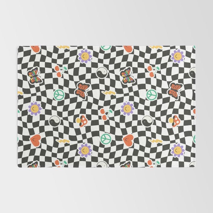 Funny retro cartoon sticker checkered pattern Rug Gallery Image 2