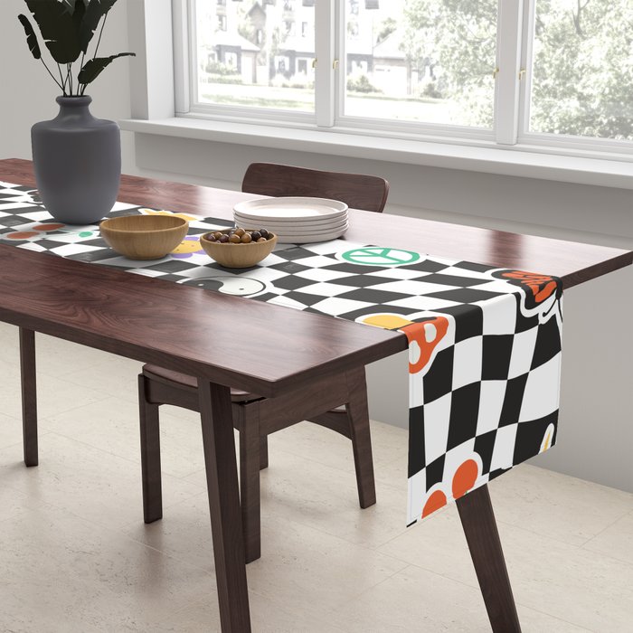 Funny retro cartoon sticker checkered pattern Table Runner Gallery Image 2