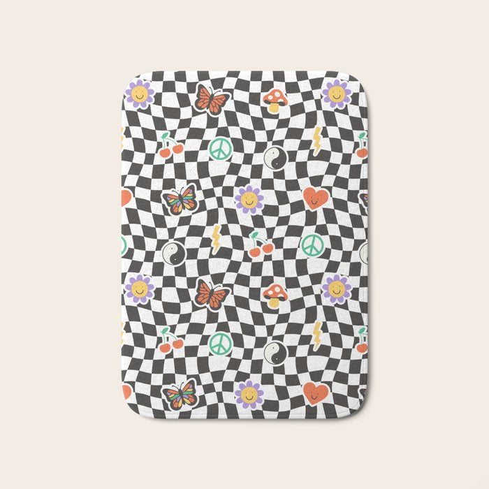 Funny retro cartoon sticker checkered pattern Bath Mat Gallery Image 1