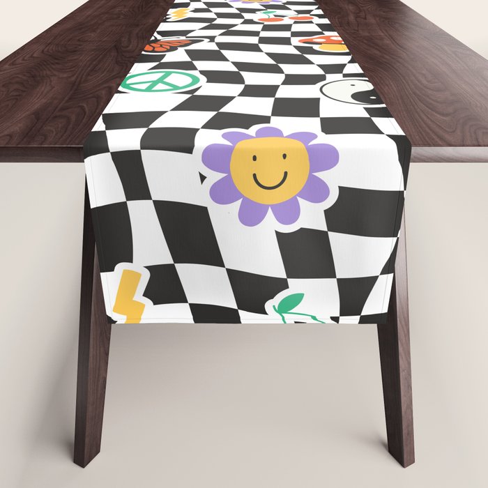 Funny retro cartoon sticker checkered pattern Table Runner Gallery Image 1
