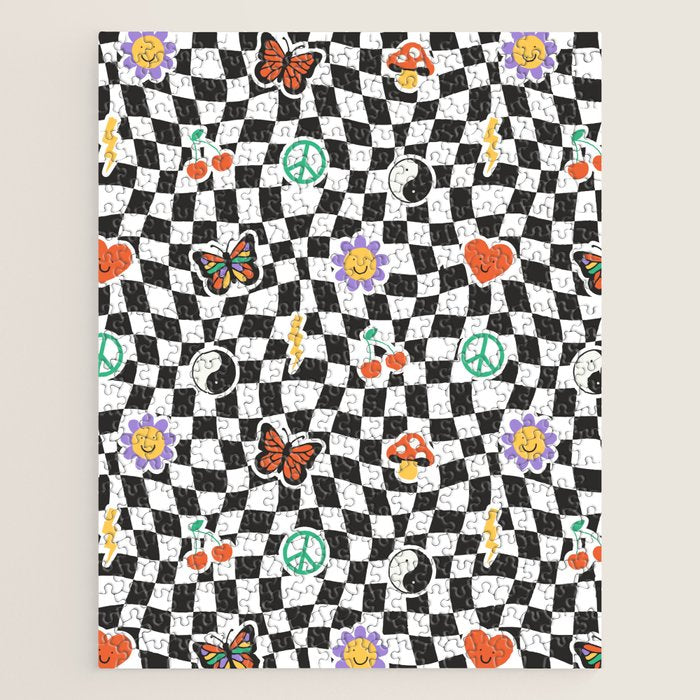 Funny retro cartoon sticker checkered pattern Jigsaw Puzzle Gallery Image 1