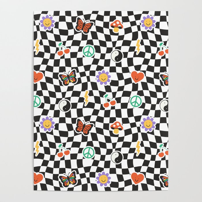 Funny retro cartoon sticker checkered pattern Poster Gallery Image 4