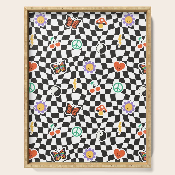 Funny retro cartoon sticker checkered pattern Serving Tray Gallery Image 1
