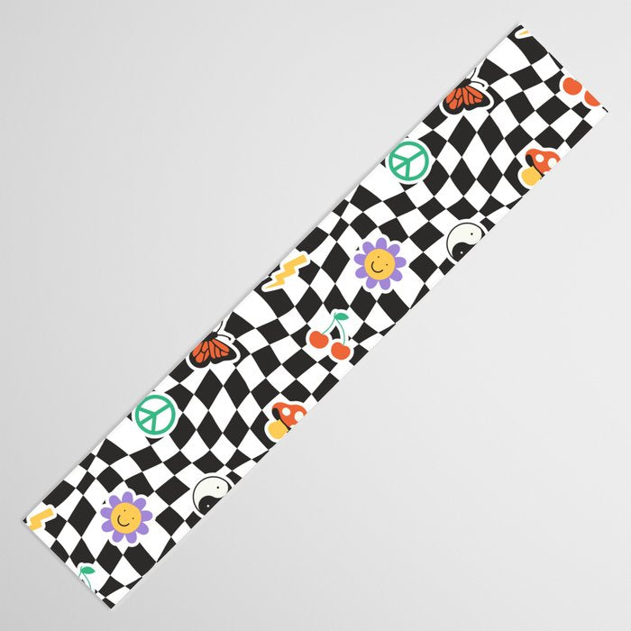 Funny retro cartoon sticker checkered pattern Table Runner Gallery Image 3
