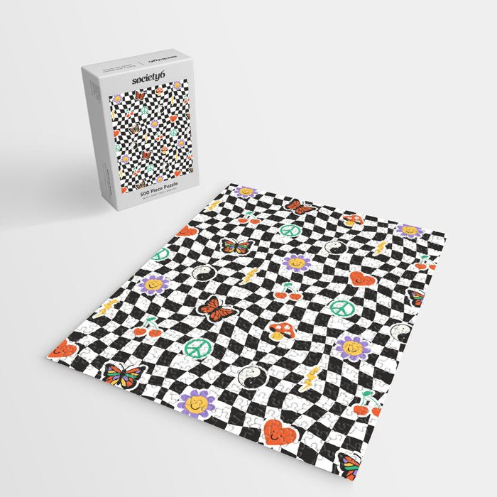 Funny retro cartoon sticker checkered pattern Jigsaw Puzzle Gallery Image 2