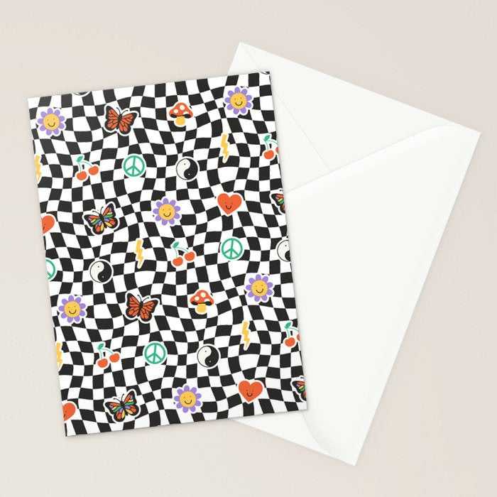 Funny retro cartoon sticker checkered pattern Stationery Card Gallery Image 2