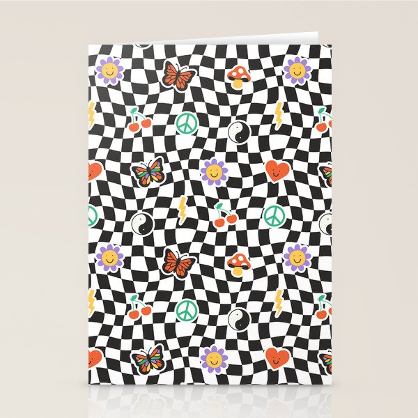Funny retro cartoon sticker checkered pattern Stationery Card Gallery Image 1