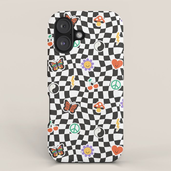 Funny retro cartoon sticker checkered pattern iPhone Case Gallery Image 1