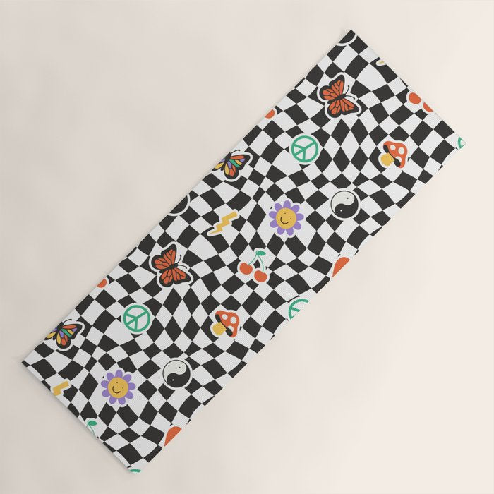 Funny retro cartoon sticker checkered pattern Yoga Mat Gallery Image 1