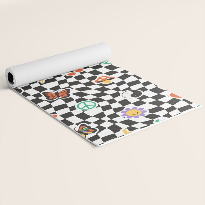 Funny retro cartoon sticker checkered pattern Yoga Mat Gallery Image 2