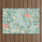 Chinoiserie Aqua Green Pastel Fresco Floral Garden Birds Oriental Botanical Outdoor Rug Gallery Image 1