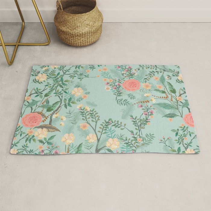 Chinoiserie Aqua Green Pastel Fresco Floral Garden Birds Oriental Botanical Rug Gallery Image 1