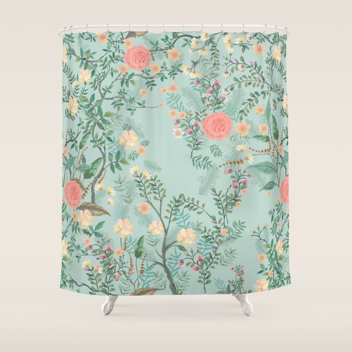 Chinoiserie Aqua Green Pastel Fresco Floral Garden Birds Oriental Botanical Shower Curtain Gallery Image 1