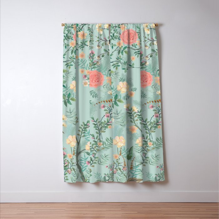 Chinoiserie Aqua Green Pastel Fresco Floral Garden Birds Oriental Botanical Window Curtain Gallery Image 3