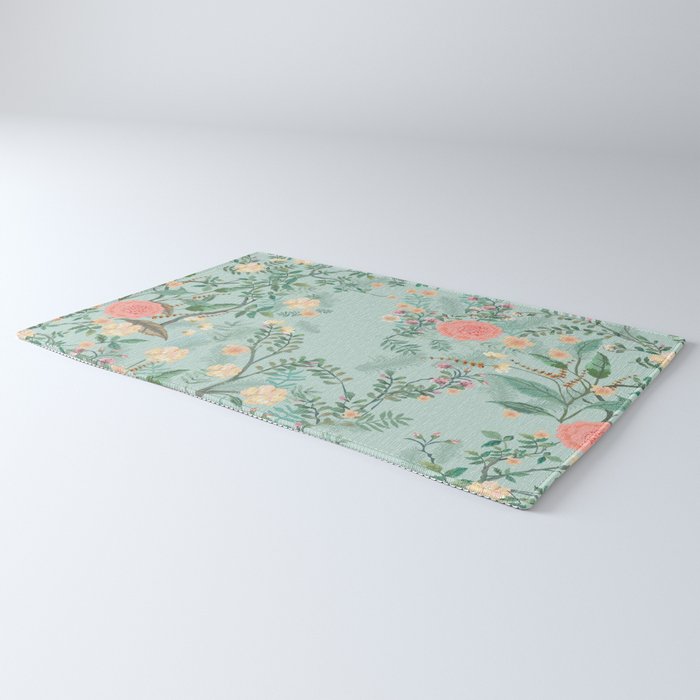Chinoiserie Aqua Green Pastel Fresco Floral Garden Birds Oriental Botanical Rug Gallery Image 3