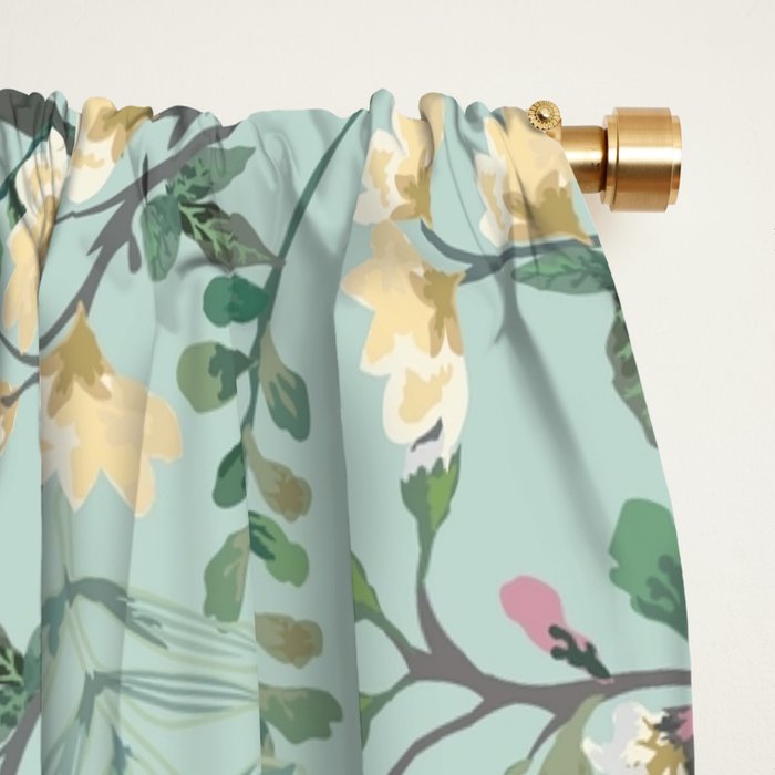 Chinoiserie Aqua Green Pastel Fresco Floral Garden Birds Oriental Botanical Window Curtain Gallery Image 2