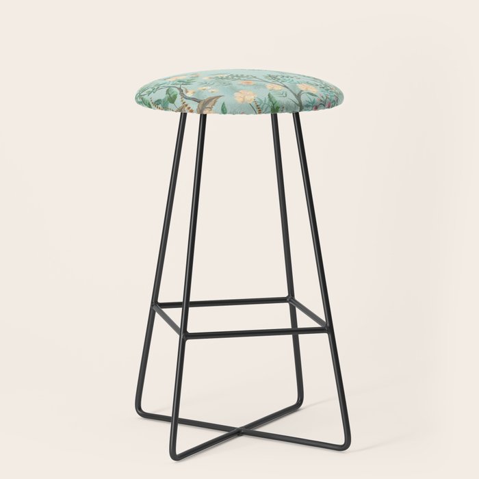 Chinoiserie Aqua Green Pastel Fresco Floral Garden Birds Oriental Botanical Stool Gallery Image 1