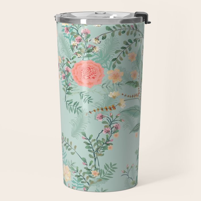 Chinoiserie Aqua Green Pastel Fresco Floral Garden Birds Oriental Botanical Travel Mug Gallery Image 2