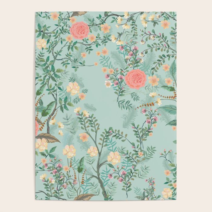 Chinoiserie Aqua Green Pastel Fresco Floral Garden Birds Oriental Botanical Poster Gallery Image 4