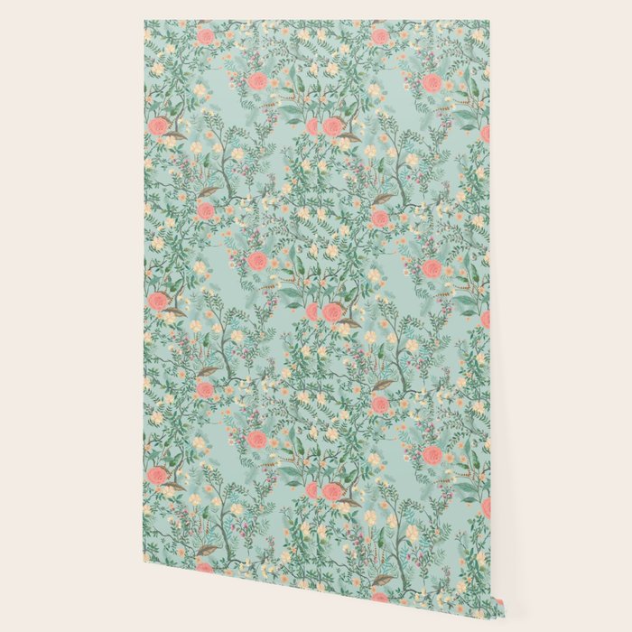 Chinoiserie Aqua Green Pastel Fresco Floral Garden Birds Oriental Botanical Wallpaper Gallery Image 2