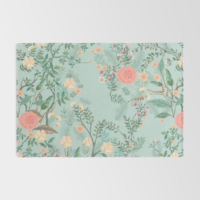 Chinoiserie Aqua Green Pastel Fresco Floral Garden Birds Oriental Botanical Rug Gallery Image 2