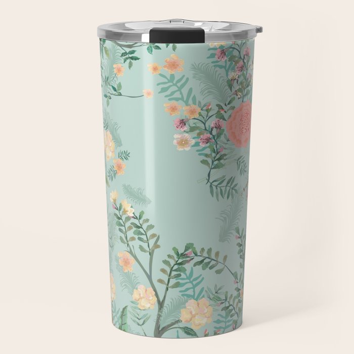 Chinoiserie Aqua Green Pastel Fresco Floral Garden Birds Oriental Botanical Travel Mug Gallery Image 1
