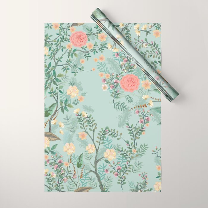 Chinoiserie Aqua Green Pastel Fresco Floral Garden Birds Oriental Botanical Wrapping Paper Gallery Image 1