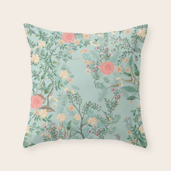 Chinoiserie Aqua Green Pastel Fresco Floral Garden Birds Oriental Botanical Throw Pillow Gallery Image 6