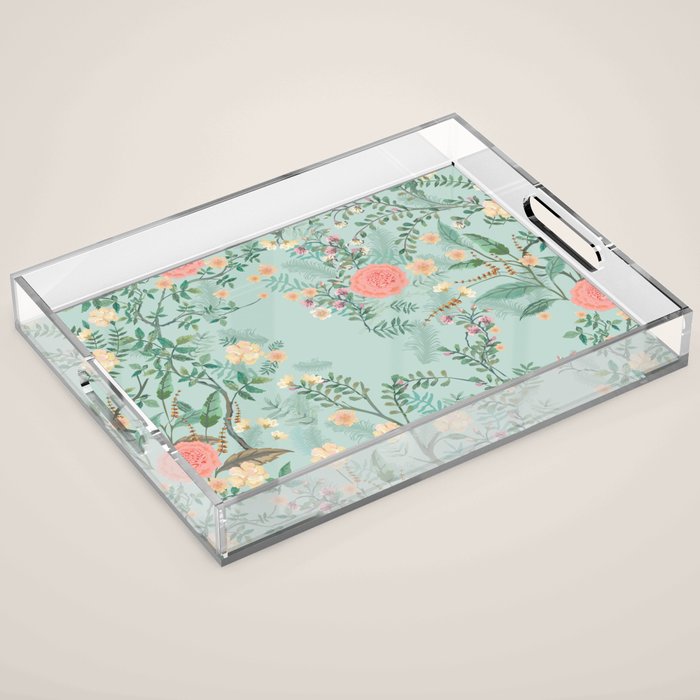Chinoiserie Aqua Green Pastel Fresco Floral Garden Birds Oriental Botanical Acrylic Tray Gallery Image 1