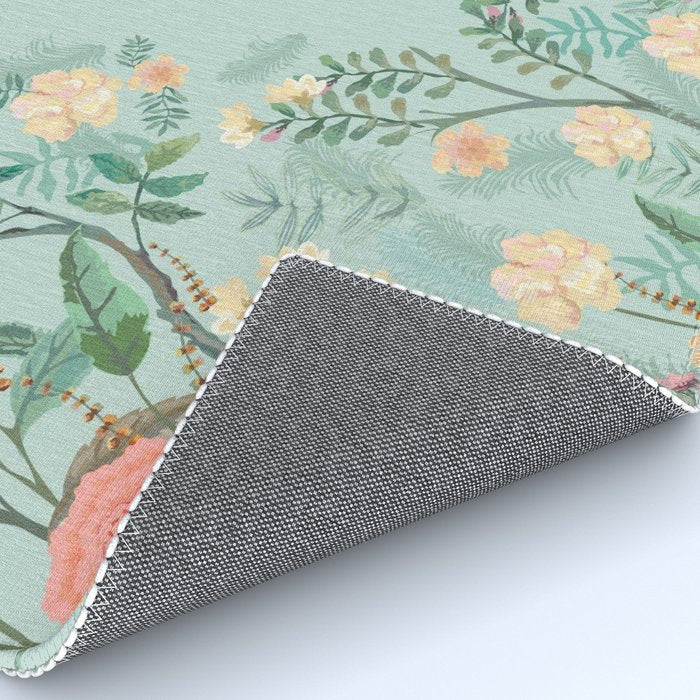 Chinoiserie Aqua Green Pastel Fresco Floral Garden Birds Oriental Botanical Rug Gallery Image 4