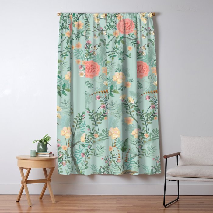 Chinoiserie Aqua Green Pastel Fresco Floral Garden Birds Oriental Botanical Window Curtain Gallery Image 1