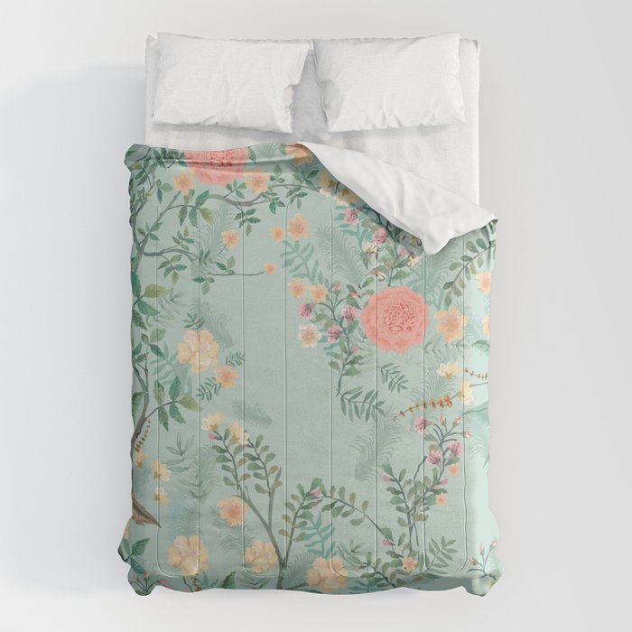 Chinoiserie Aqua Green Pastel Fresco Floral Garden Birds Oriental Botanical Comforter Gallery Image 6