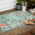 Chinoiserie Aqua Green Pastel Fresco Floral Garden Birds Oriental Botanical Outdoor Rug Gallery Image 2