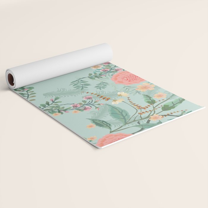Chinoiserie Aqua Green Pastel Fresco Floral Garden Birds Oriental Botanical Yoga Mat Gallery Image 2