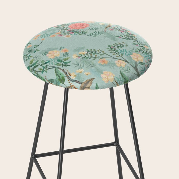 Chinoiserie Aqua Green Pastel Fresco Floral Garden Birds Oriental Botanical Stool Gallery Image 2